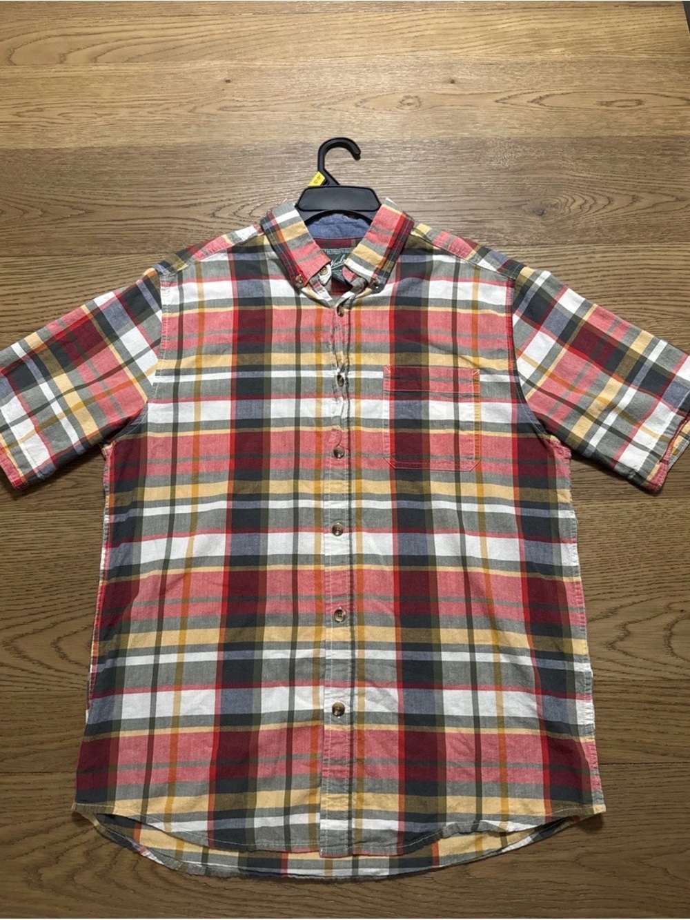 Woolrich Men's Short Sleeve Plaid Button Down Shirt Cotton Madras Red Yellow M